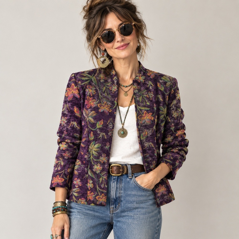 VTG Purple Plum Floral Tapestry Open Front Jacket Blazer Womens Sz 14